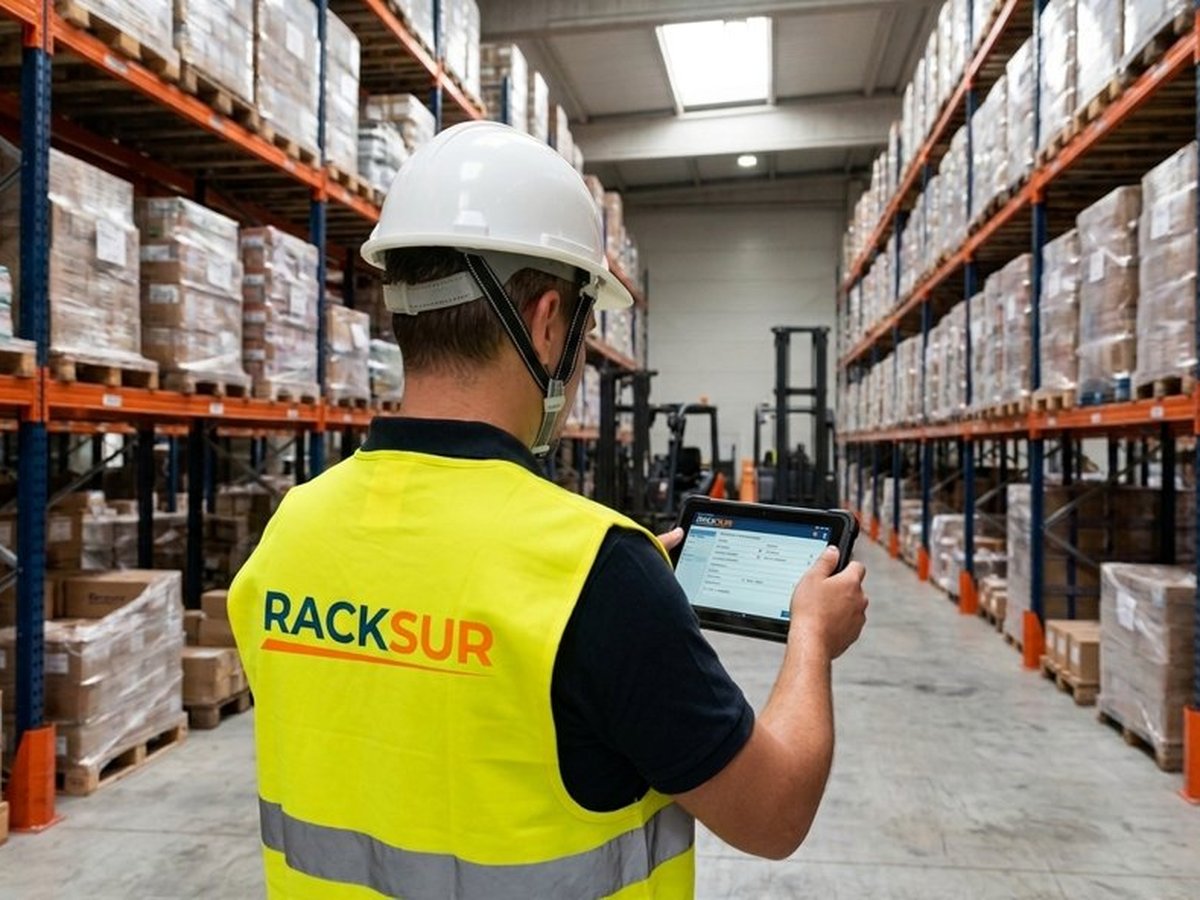 Auditeur RACKSUR en intervention sur site — contrôle réglementaire de rayonnages NF EN 15635